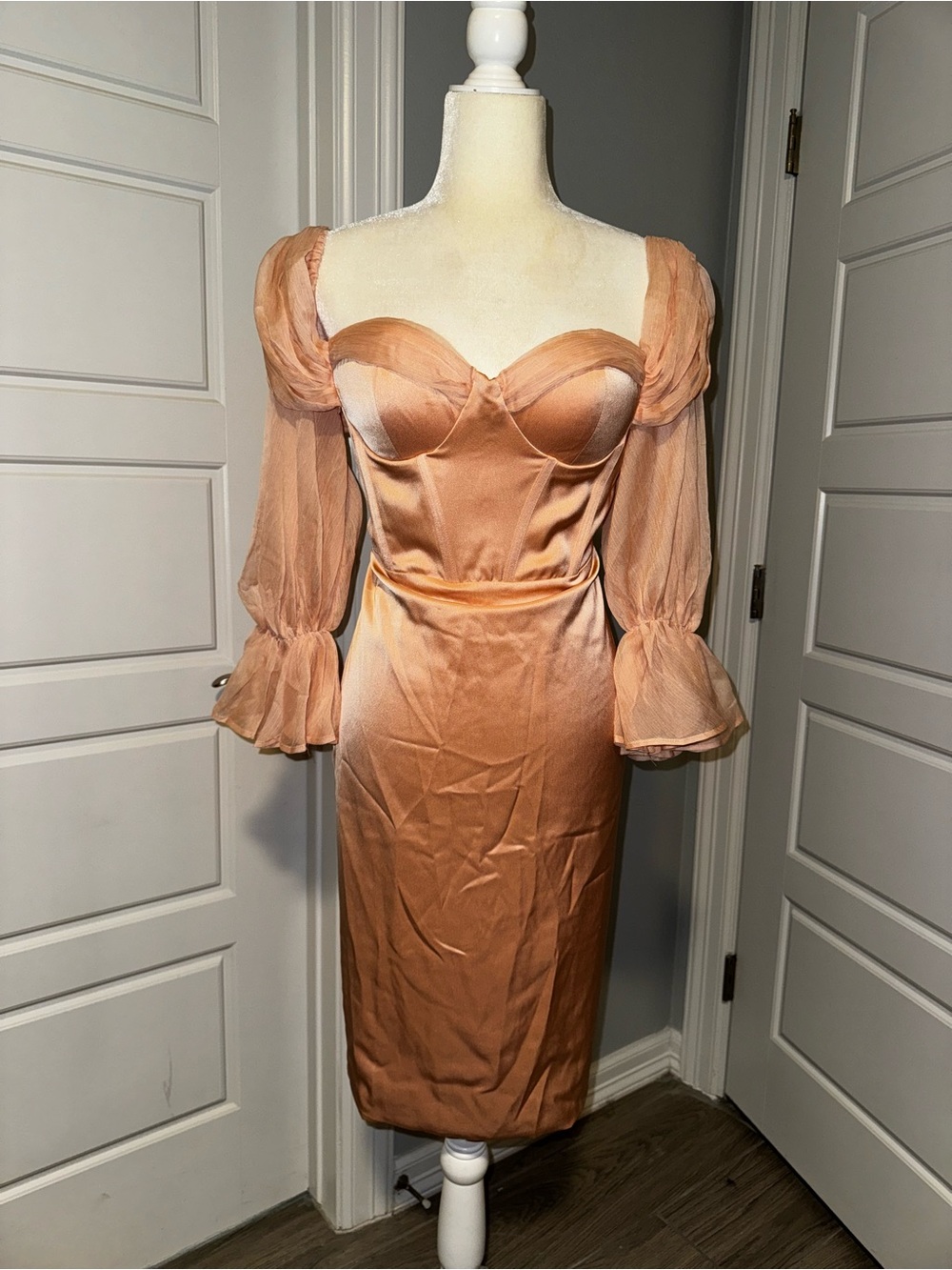 Peach Off-Shoulder Sheer Sleeve Satin Midi Dress